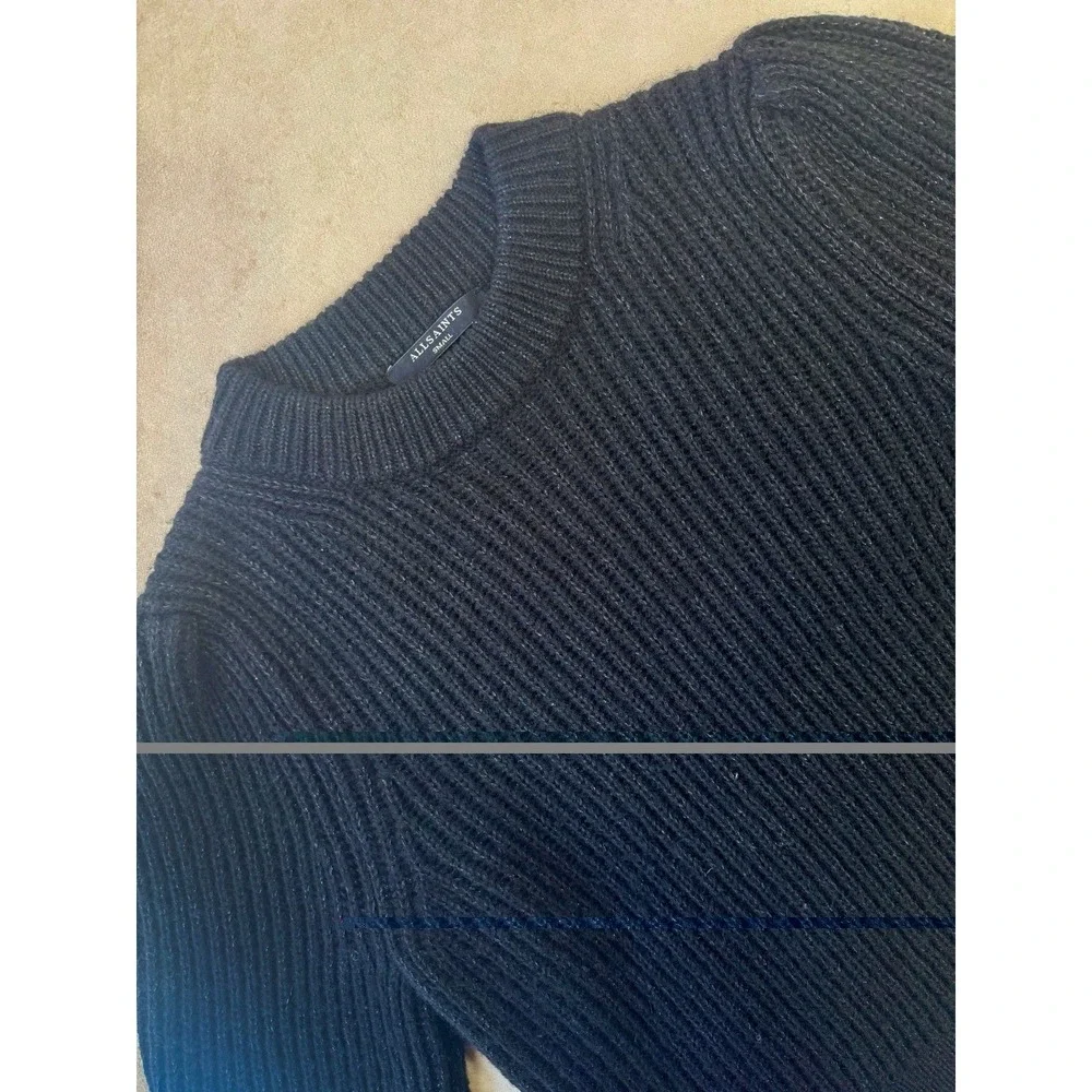 AllSaints‎ Myra Shine Wool Blend Women's Sweater Puff Shoulders in Black Size S
